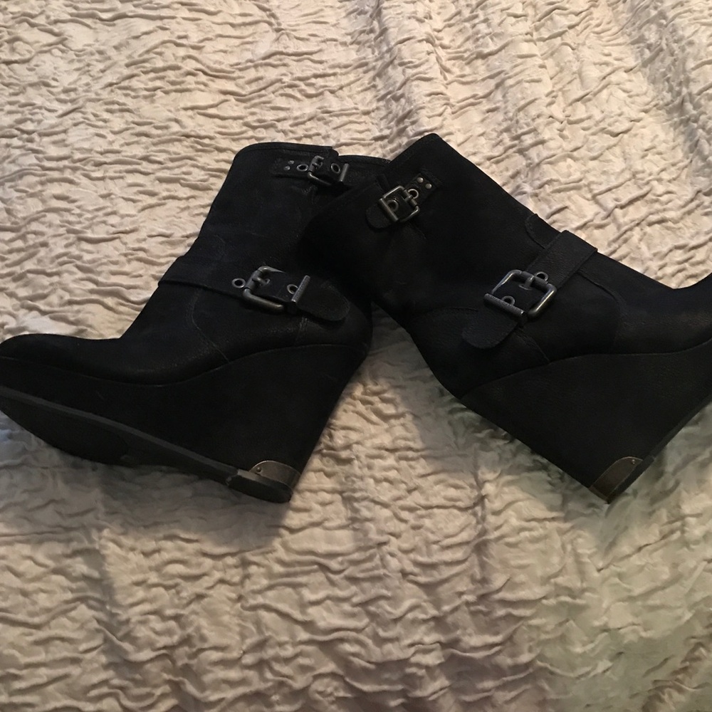 Vince Camuto Black Wedge Boots with Buckle Detail